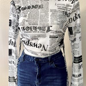 Newspaper Blouse pull strings on side in black and white